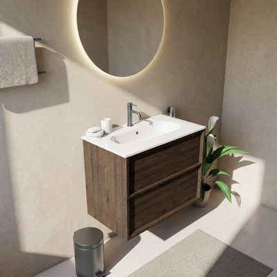 Saniclass Holz Frame Ensemble meuble de salle de bains - 80x45x73.9cm - Lavabo en céramique Chaci blanc - 1 vasque - 1 trou de robinetterie - 2 tiroirs - chêne charcoal mat (bois)