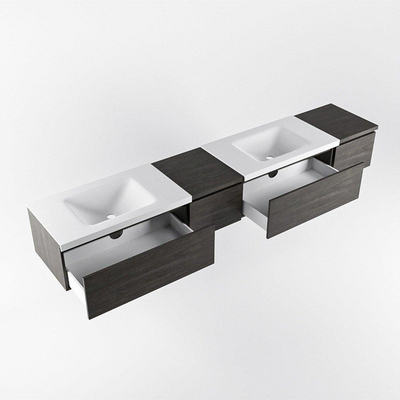 MONDIAZ BUKLA 240cm ensemble de meuble avec module 40 gauche couleur Marron Foncé avec 4 tiroirs. Lavabo CLOUD double 2 trous de robinet couleur Talc.