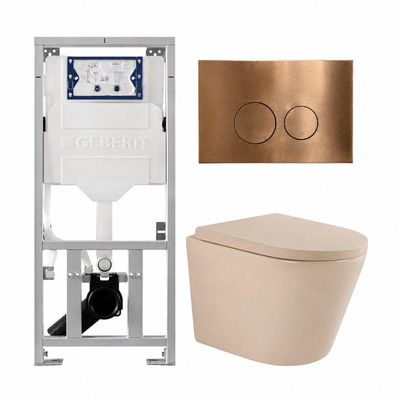 QeramiQ Dely Pack WC - 36,3x51,7cm - à fond creux - sans bride - réservoir encastré Geberit UP320 - abattant WC softclose 35 mm - plaque de commande en cuivre - boutons ronds - beige mat
