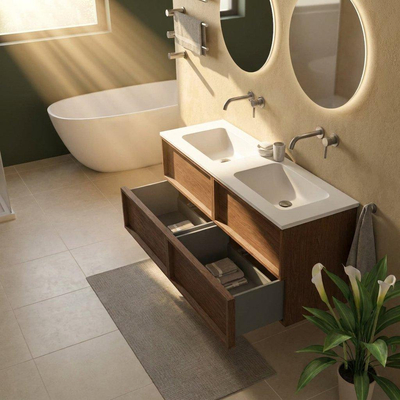 Saniclass Holz Frame Ensemble meuble de salle de bains - 140x45x77.5cm - lavabo Torino en surface solide blanc - sans trou de robinetterie - 4 tiroirs - noyer pur mat (bois)