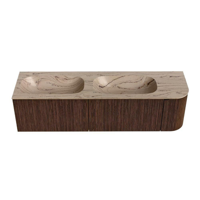 MONDIAZ KURVE-DLUX 165cm badmeubel ronding Rechts kleur Walnut met 2 lades en 1 deur. Wastafel STOR SMALL Dubbel / Links 2 kraangaten Arena.