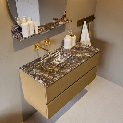 Mondiaz VICA-DLUX Ensemble de meuble de salle de bain - 100cm - meuble sous-vasque oro - 2 tiroirs - lavabo encastré cloud gauche - sans trous de robinet - version haute de 60cm - lave