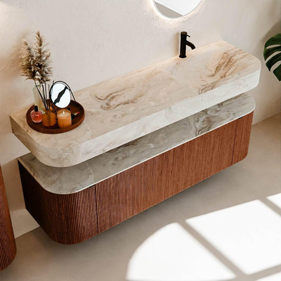 MONDIAZ THOR-DLUX 160cm meuble de salle de bains arrondi gauche + droite couleur Ruby avec 1 tiroir et 2 portes. Vasque suspendue CLOUD Droite 1 trou de robinet couleur Frappe.