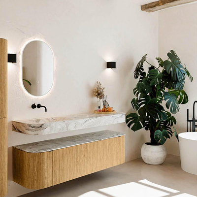 MONDIAZ THOR-DLUX Meuble de salle de bains 160cm arrondi gauche + droite couleur Oak avec 1 tiroir et 2 portes. Vasque suspendue CLOUD Gauche sans trou de robinet couleur Glace.