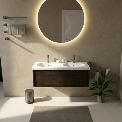 Saniclass Holz Frame Ensemble de meubles de salle de bains - 120x45x43.5cm - Lavabo en céramique Palermo blanc - 2 vasques - 2 trous de robinet - 1 tiroir - chêne charcoal mat (bois)