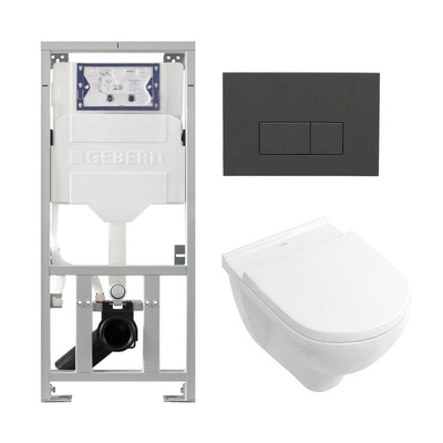 Villeroy & Boch O.novo Toiletset Geberit inbouwreservoir - diepspoel wandcloset - softclose bedieningsplaat bedieningsplaat antraciet mat rechthoekige knoppen - wit