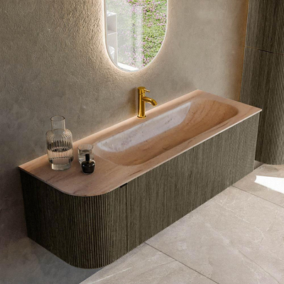 MONDIAZ KURVE-DLUX Meuble de salle de bains 135cm arrondi à gauche couleur Shadow avec 1 tiroir et 1 porte. Vasque BIG MEDIUM à droite 1 trou de robinet Saba.