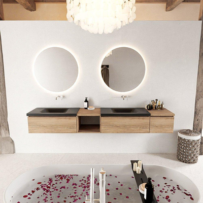 MONDIAZ BUKLA 240cm meuble de salle de bain avec module ouvert 40 à gauche couleur Chêne blanchi avec 3 tiroirs. Lavabo CLOUD double 0 trous de robinet couleur Urbain.