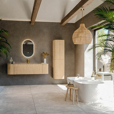 MONDIAZ KURVE-DLUX Meuble de salle de bains 160cm arrondi Gauche + Droite couleur Chêne avec 1 tiroir et 2 portes. Lavabo BIG MEDIUM Central 1 trou de robinet Sombra.