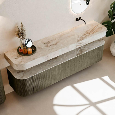 MONDIAZ THOR-DLUX Meuble de salle de bains 200cm arrondi gauche + droite couleur Shadow avec 2 tiroirs et 2 portes. Vasque suspendue CLOUD Droite sans trou de robinet couleur Frappe.