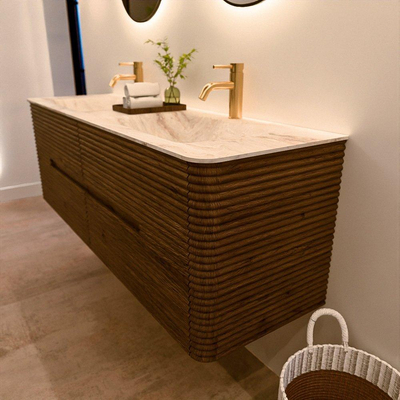 Mondiaz CIRO-DLUX Badkamermeubelset - 150x45x50cm - Solid surface wastafel Frappe - 2 wasbak Dubbel - 2 kraangaten - 4 lades - Dusk