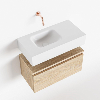 MONDIAZ ANDOR Meuble de toilettes - 60x30x30cm - 0 trous de robinet - 1 tiroirs - chêne blanchi mat - vasque à gauche - Solid surface - Blanc