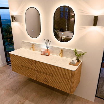 Mondiaz CIRO-DLUX Badkamermeubelset - 170x45x50cm - Solid surface wastafel Opalo - 2 wasbak Dubbel - 2 kraangaten - 4 lades - Oak