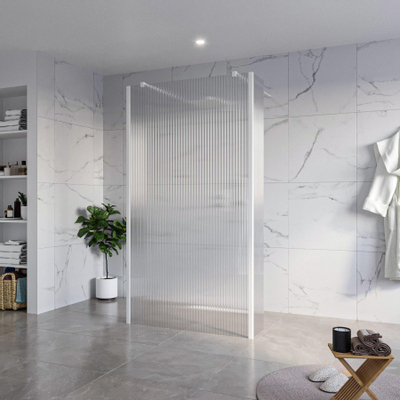 Fortifura Galeria Douche à l'italienne - 110x200cm - verre clair nervuré - anticalcaire - verre de sécurité 8mm - 2 parois latérales 30cm - avec bras muraux et profilés d'angle - Blanc mat