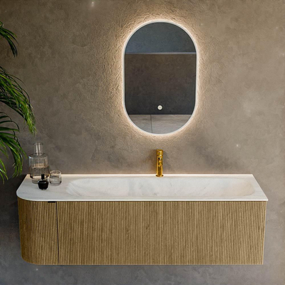 Mondiaz KURVE-DLUX Badkamermeubelset - 145x46x40cm - 1 lade - 1 deur - wastafel solid surface - rechts - 1 kraangat - Dusk
