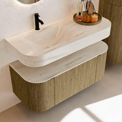 MONDIAZ THOR-DLUX 110cm meuble de salle de bains arrondi gauche + droite couleur Dusk avec 1 tiroir et 2 portes. Vasque suspendue CLOUD Gauche 1 trou de robinet couleur Meli.