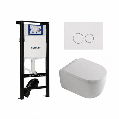 QeramiQ Dely Swirl Toiletset - 36.3x51.7cm - Geberit UP320 plieger inbouwreservoir - 35mm zitting - glans witte bedieningsplaat - ronde knoppen - glans wit