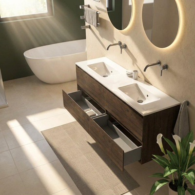 Saniclass Holz Pure Ensemble de meubles de salle de bains - 160x45x62cm - lavabo Vygo en céramique blanc - 2 vasques - sans trous de robinetterie - 4 tiroirs - chêne charcoal mat (bois)