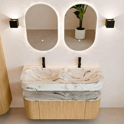 MONDIAZ THOR-DLUX 120cm badmeubel ronding links + rechts kleur Oak met 1 lade en 2 deuren. Vrijhangende wastafel CLOUD Dubbel 2 kraangaten kleur Glace.