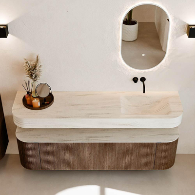 MONDIAZ THOR-DLUX Meuble de salle de bains - 170cm - arrondi gauche + droite - couleur Walnut - 1 tiroir et 2 portes - Vasque suspendue CLOUD droite sans trou de robinet - couleur Meli