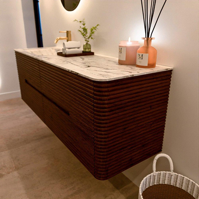 Mondiaz CIRO-DLUX Badkamermeubelset - 150x45x50cm - Solid surface wastafel Glace - 1 wasbak Links - 1 kraangat - 4 lades - Ruby