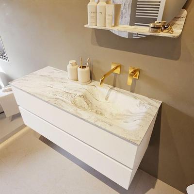 Mondiaz VICA-DLUX Ensemble de meuble de salle de bain - 120cm - meuble sous-vasque talc - 2 tiroirs - lavabo encastré cloud droite - sans trous de robinet - version haute de 60cm - glace