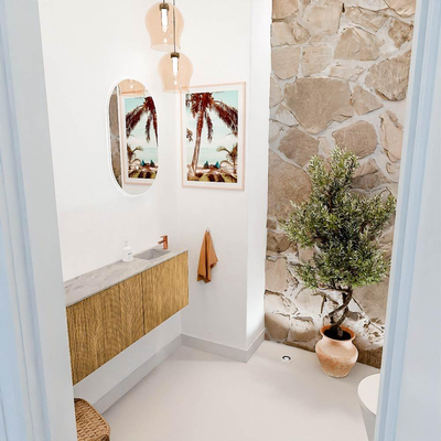 Mondiaz JOYA-DLUX 111.6cm toiletmeubel - ronding links kleur Oak - Wastafel FAYE positie Rechts 1 kraangat kleur Glace.