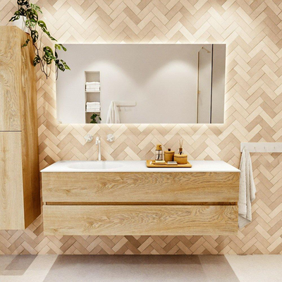 MONDIAZ VICA 150cm badmeubel onderkast Washed Oak 2 lades. Wastafel MOON links 1 kraangat, kleur Talc.