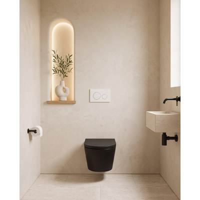 QeramiQ Dely Toiletset - Geberit UP100 inbouwreservoir - witte bedieningsplaat - softclose toilet zitting - 35mm - mat zwart (wit)