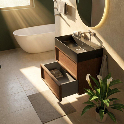 Saniclass Holz Frame Ensemble de meubles de salle de bains - 80x45x72cm - Lavabo Legend en céramique noir mat - 1 vasque - sans trou de robinetterie - 2 tiroirs - walnut pure mat (bois)