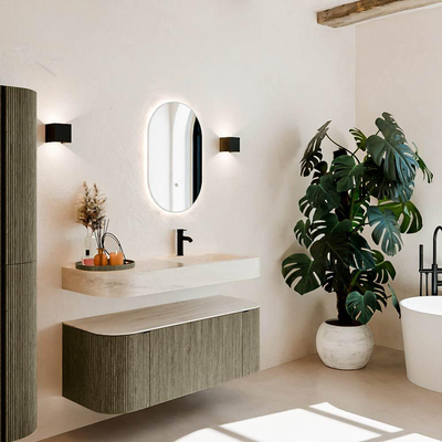 MONDIAZ THOR-DLUX 120cm meuble de salle de bains arrondi gauche + droite couleur Shadow avec 1 tiroir et 2 portes. Vasque suspendue CLOUD Droite 1 trou de robinet couleur Meli.