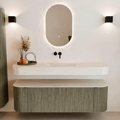 MONDIAZ THOR-DLUX 150cm meuble de salle de bains arrondi gauche + droite couleur Shadow avec 1 tiroir et 2 portes. Vasque suspendue CLOUD Milieu sans trou de robinet couleur Meli.