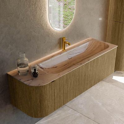 MONDIAZ KURVE-DLUX Meuble de salle de bains 145cm arrondi gauche couleur Dusk avec 1 tiroir et 1 porte. Lavabo BIG LARGE droit 1 trou de robinet Arena.