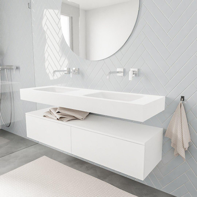 MONDIAZ ALAN 150cm - meuble bas - 2 tiroirs - lavabo suspendu - 2 vasques - 0 trous de robinet - talc