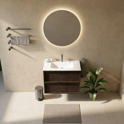 Saniclass Holz Frame Ensemble de meubles de salle de bains - 80x45x61.5cm - Flow lavabo en Solid Surface blanc - 1 vasque - 1 trou de robinetterie - 2 tiroirs - chêne charcoal mat (bois)
