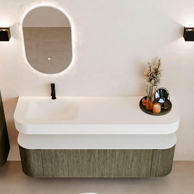 MONDIAZ THOR 160cm badmeubel ronding links + rechts kleur Shadow met 1 lade en 2 deuren. Vrijhangende wastafel CLOUD Links 1 kraangat kleur Talc.