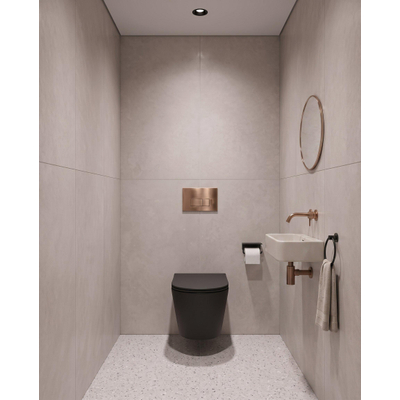 QeramiQ Dely Toiletset - 36.3x51.7cm - Geberit UP720 inbouwreservoir - rimless - diepspoel - zitting - softclose - bedieningsplaat koper - rechthoekige knoppen - mat zwart