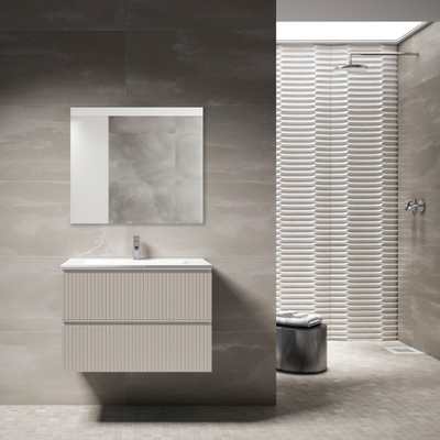 Saniclass Prime Blend Ensemble meuble de salle de bains - 80x55x46cm - 1 vasque rectangulaire en céramique blanche - 1 trou de robinet - 2 tiroirs - miroir rectangulaire - coton mat (beige)