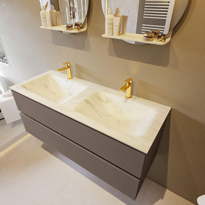 Mondiaz VICA-DLUX Ensemble de meuble de salle de bain - 120cm - meuble sous-vasque fumée - 2 tiroirs - lavabo encastré nuage double - 2 trous de robinet - version haute 60cm - opalo