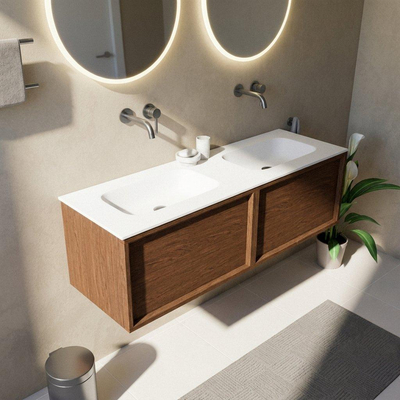 Saniclass Holz Frame Ensemble de meubles de salle de bains - 140x45x41.5cm - Flow lavabo en solid surface blanc - 2 vasques - sans trous de robinetterie - 2 tiroirs - noyer pure mat (bois)