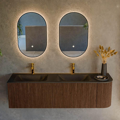 MONDIAZ KURVE 155cm badmeubel met module 25 R kleur Walnut met 2 lades en 1 deur. Wastafel CLOUD dubbel / links 2 kraangaten Urban.