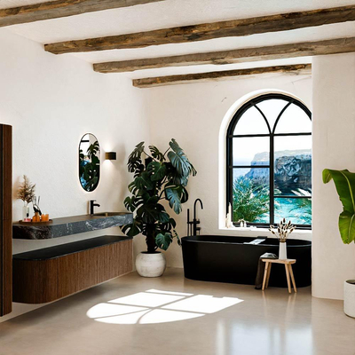 MONDIAZ THOR-DLUX 190cm badmeubel ronding links + rechts kleur Walnut met 2 lades en 2 deuren. Vrijhangende wastafel CLOUD Rechts 1 kraangat kleur Lava.