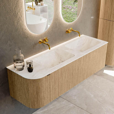 MONDIAZ KURVE-DLUX 145cm badmeubel met module 25 L kleur Oak met 1 lade en 1 deur. Wastafel LEAF dubbel / rechts zonder kraangat kleur Frappe.