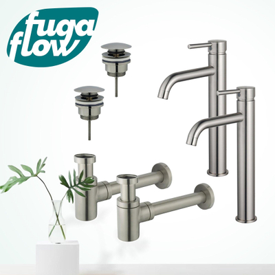 FugaFlow Eccelente Sobrado Badkamer Wastafelkraanset - voor dubbele wastafel - verhoogde wastafelkraan - klikwaste plug - verlaagde design sifon - PVD Geborsteld RVS