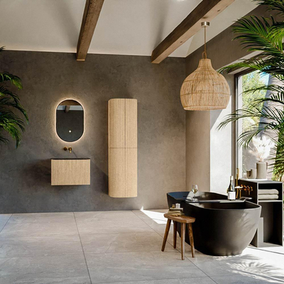 MONDIAZ KURVE-DLUX Meuble de salle de bains 60 cm couleur Oak avec 1 tiroir. Lavabo CLOUD central sans trou de robinet couleur Lava.