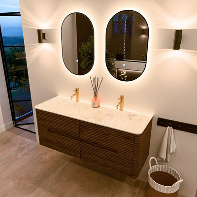 Mondiaz CIRO-DLUX Badkamermeubelset - 130x45x50cm - Solid surface wastafel Ostra - 2 wasbak Dubbel - 2 kraangaten - 4 lades - Dusk