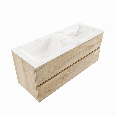 MONDIAZ VICA-DLUX Ensemble meuble de salle de bains - 120cm - sous-meuble chêne blanchi - 2 tiroirs - lavabo encastré cloud double - sans trous de robinet - version haute 60cm - ostra