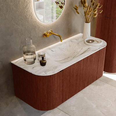 Ensemble de meuble de salle de bain Mondiaz KURVE-DLUX - 110x46x40cm - 1 tiroir - 2 portes - lavabo en solid surface - milieu - sans trou de robinet - Ruby
