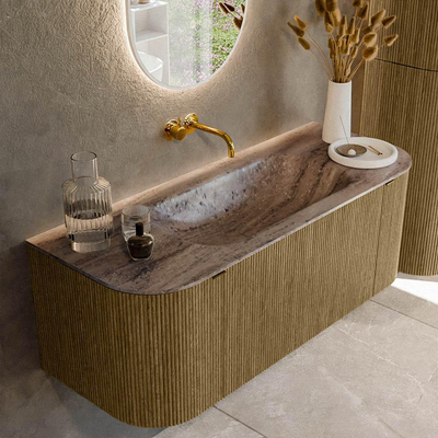 MONDIAZ KURVE-DLUX Meuble de salle de bains 120cm arrondi Gauche + Droite couleur Dusk avec 1 tiroir et 2 portes. Lavabo BIG SMALL Centre sans trou de robinet Oza.