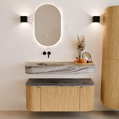 MONDIAZ THOR-DLUX 110cm badmeubel ronding links + rechts kleur Oak met 1 lade en 2 deuren. Vrijhangende wastafel CLOUD Links zonder kraangat kleur Sombra.